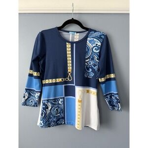J MCLAUGHLIN Blue White Colorblock Paisley CHAINS‎ Catalina Knit Top Size S